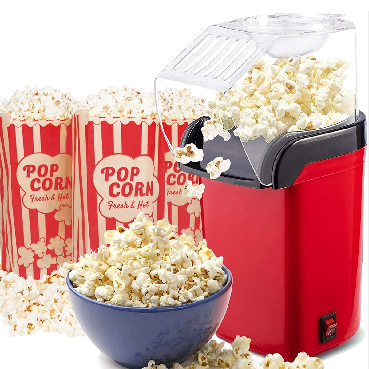 Fat Free Popcorn Maker Electric Hot Air Popcorn Machine with 6 Popcorn Boxes Red 