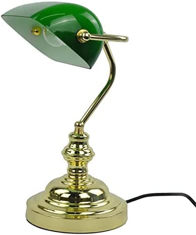 Vintage Bankers Desk Lamp Emerald Green Glass Shade Brass Base Library  Office